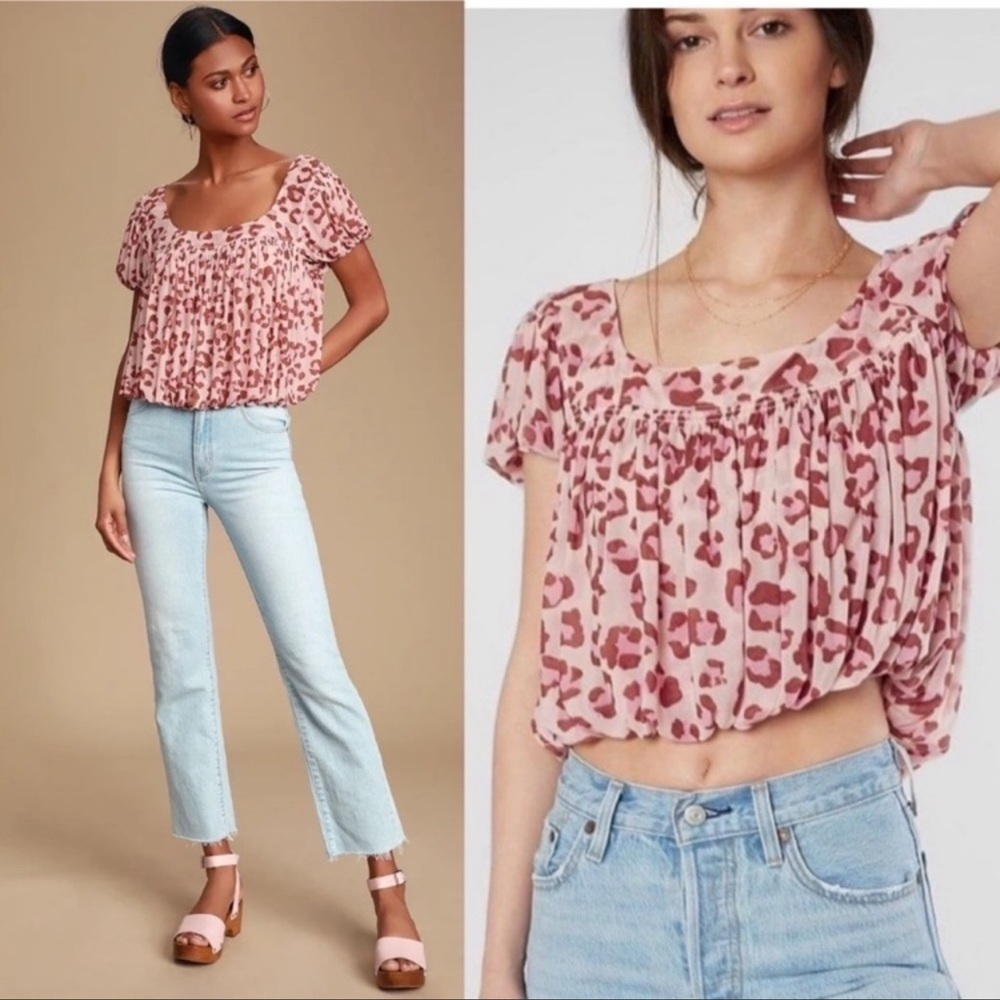 FREE PEOPLE MEG CHEETAH CROP MESH TOP SZ S PINK BROWN FLOWY BOHO SPRING SUMMER